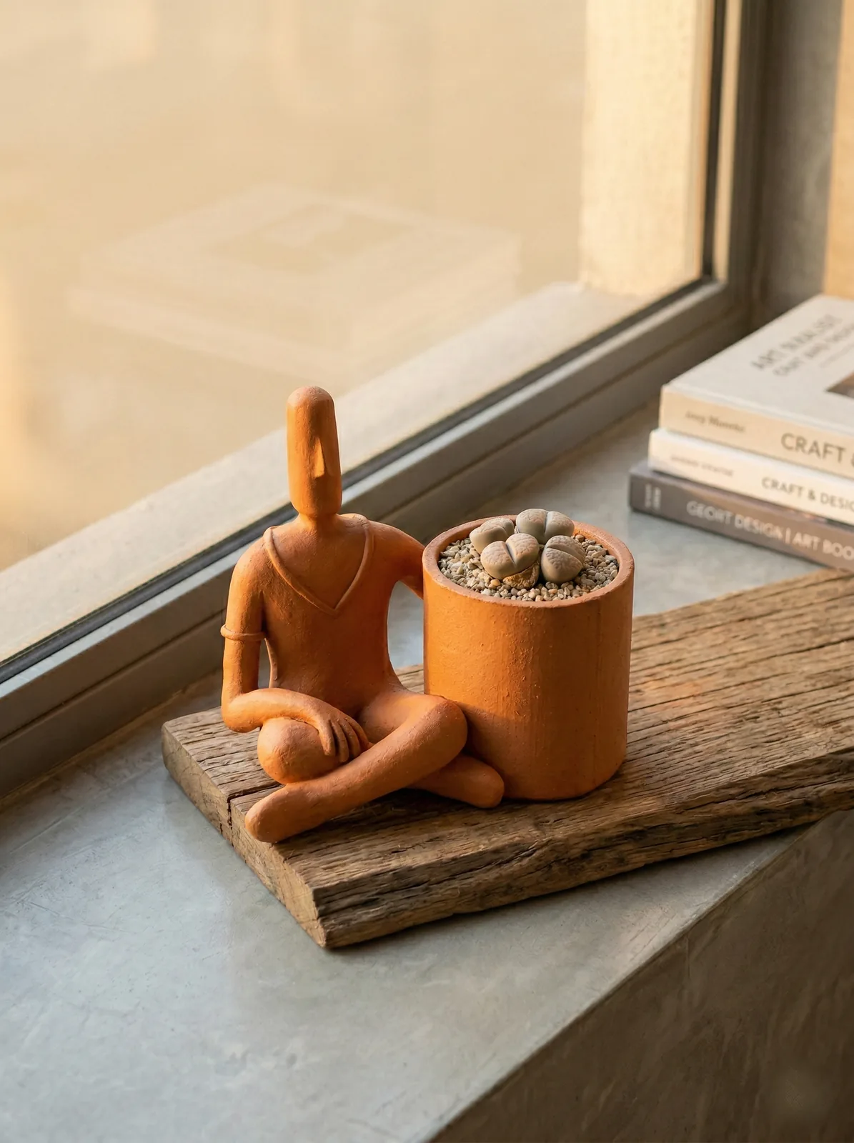 Escultura Homem Sentado com Cachepô no ambiente