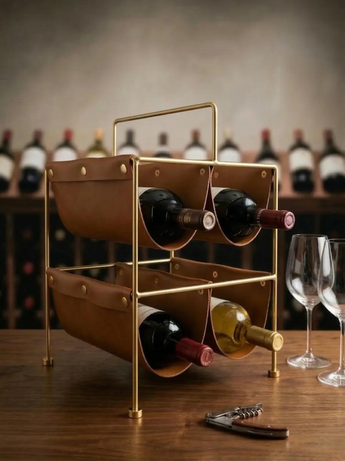 Porta-Vinhos de Couro e Metal no ambiente