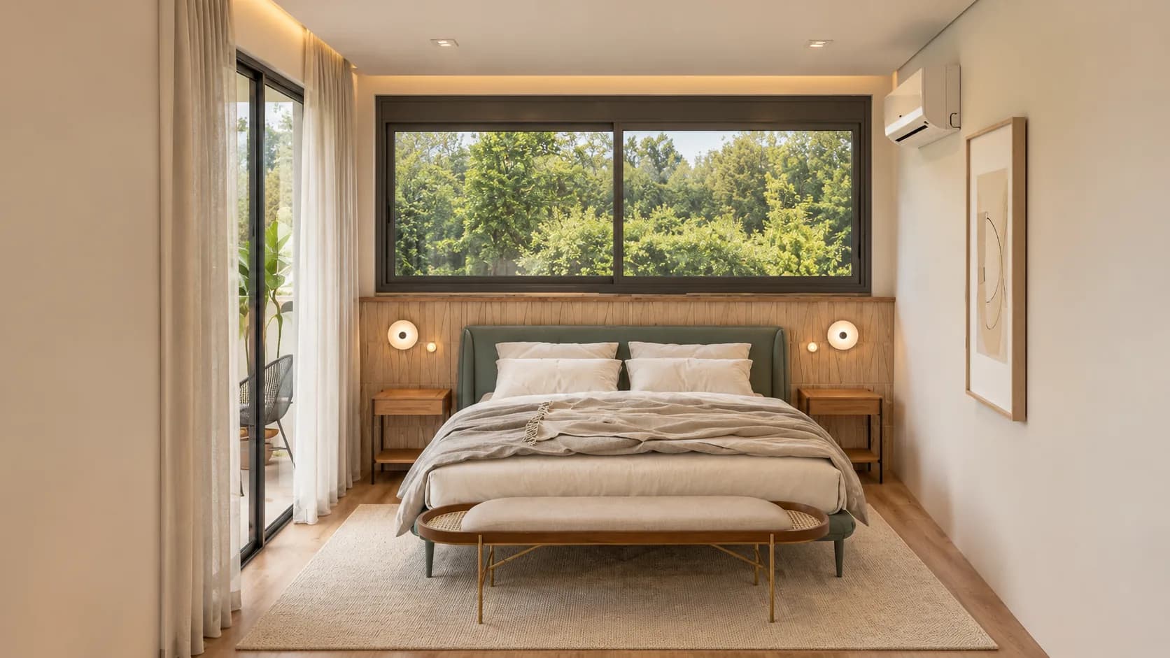 Render 3D: suíte master com cama voltada para janela ampla sobre a mata