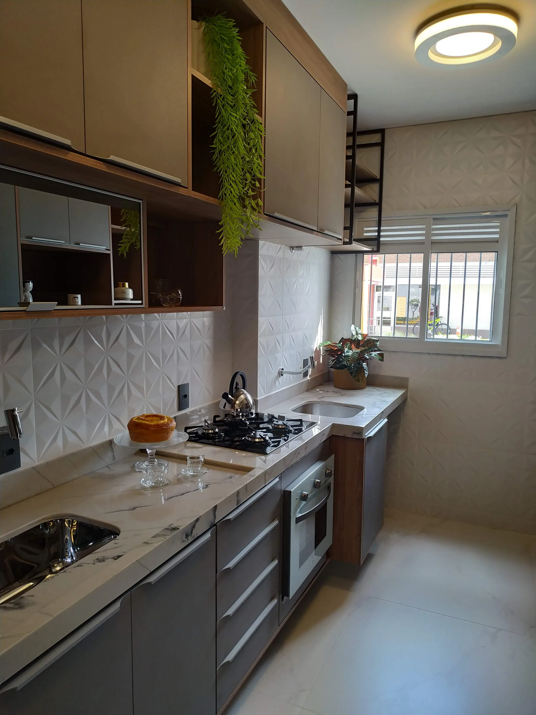Cozinha com armários cinza, bancada clara e planta pendente sobre os armários